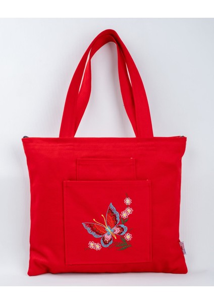 Kelebek Nakışlı Fermuarlı Kırmızı Kanvas Çanta, Şık ve Kullanışlı.