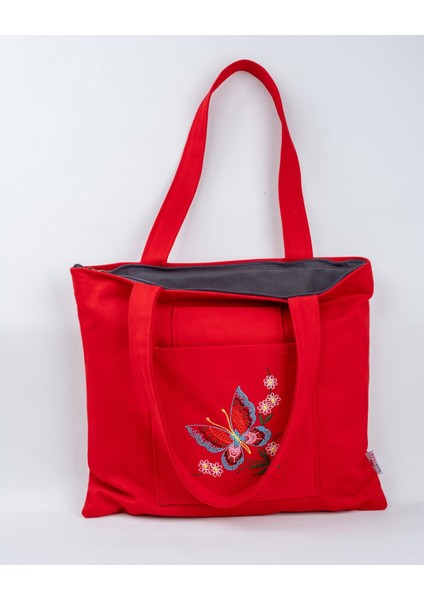 Kelebek Nakışlı Fermuarlı Kırmızı Kanvas Çanta, Şık ve Kullanışlı. fiyatları