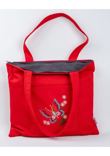 Kelebek Nakışlı Fermuarlı Kırmızı Kanvas Çanta, Şık ve Kullanışlı. modelleri