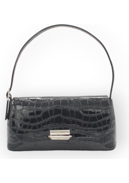Şık Siyah Rugan Kroko Desenli El ve Omuz Çantası, Kadınlara Özel