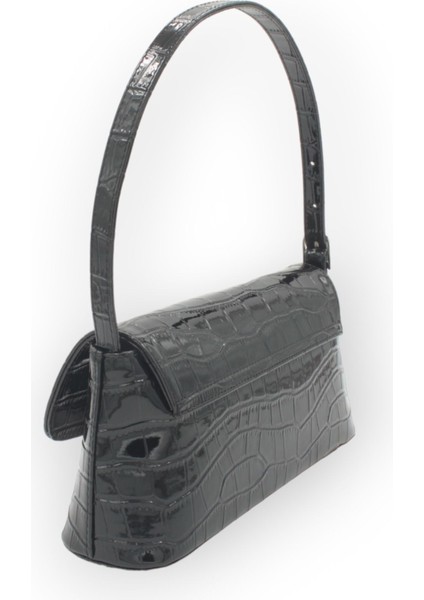 Şık Siyah Rugan Kroko Desenli El ve Omuz Çantası, Kadınlara Özel modelleri