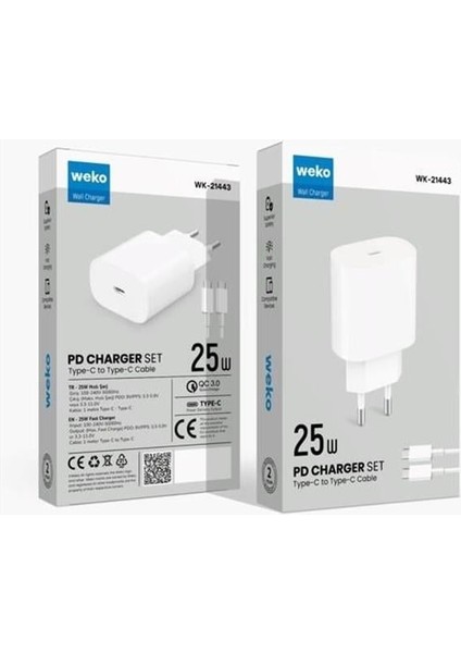 Weko WK-27878 NOTE10 Beyaz 25 Watt Şarj Başlık Adaptörü + Type-C To Type-C Kablo