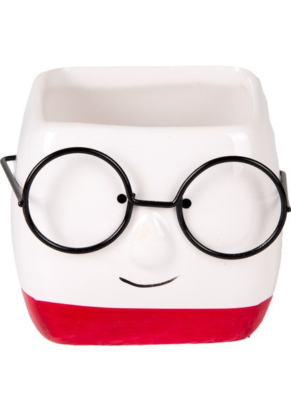 Seramik Saksı Gözlüklü Beyaz-Kırmızı 7x7 Cm.