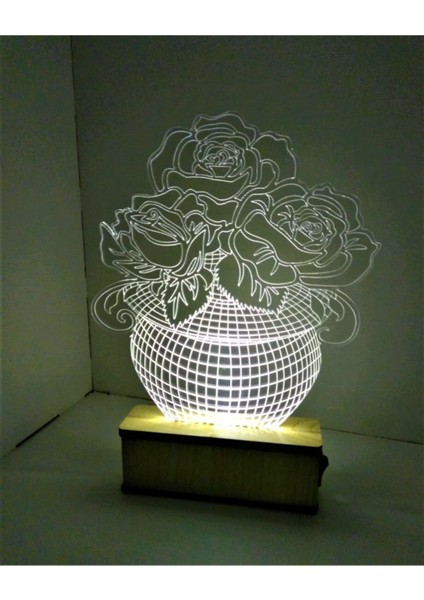 3D LED Gece Lambası, Sevgiliye Hediye, Masa ve Saksıda Gül Tasarımı, Beyaz Renk