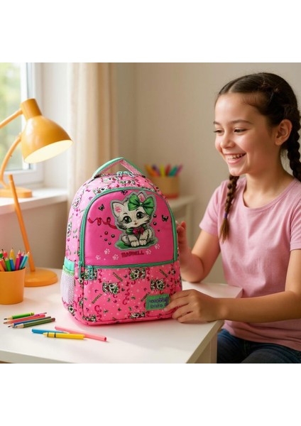 Lisanslı Pembe Kedi Desenli Ilkokul Sırt Çantası, Beslenme Çantası ve 2 Ce fırsatları