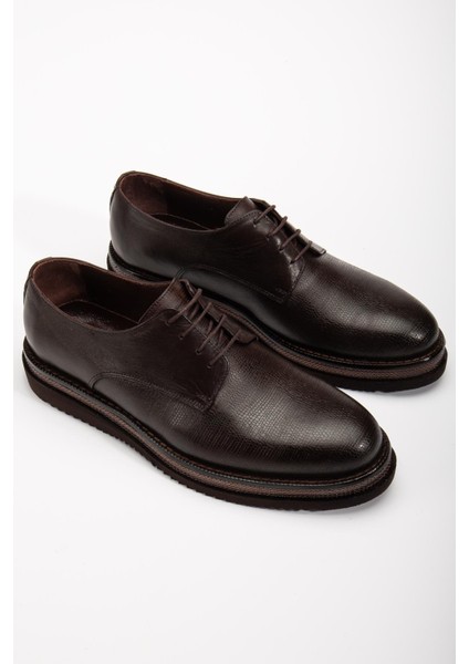 Hakiki Deri Erkek Klasik Ayakkabı Kahve Kalın Taban Bağlı Yüzüdüz