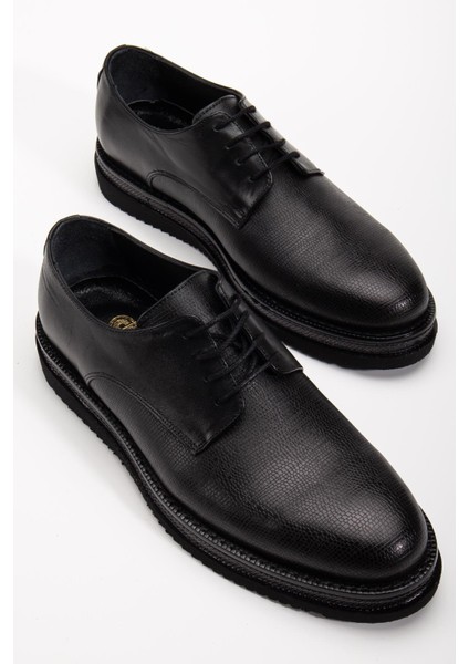 Hakiki Deri Erkek Klasik Ayakkabı Siyah Kalın Taban Bağlı Yüzüdüz