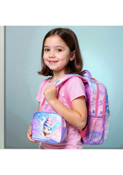 Lisanslı Dondurma Desenli Ilkokul Sırt Çantası, Beslenme Çantası ve Kalemlik Seti modelleri
