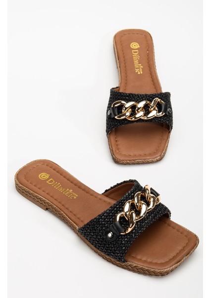 Kadın Düz Topuklu Terlik Siyah Kalın Tek Bant Zincir Aksesuarlı Hasır fiyatları