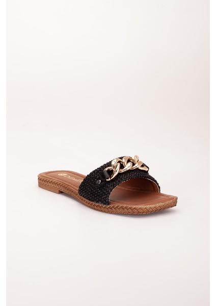 Kadın Düz Topuklu Terlik Siyah Kalın Tek Bant Zincir Aksesuarlı Hasır fırsatları