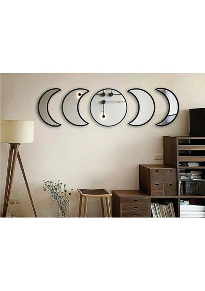 Şık 5 Parçalı Ay Evresi Duvar Aynası Seti, Akçaağaç Mdf ve Pleksi Detaylar