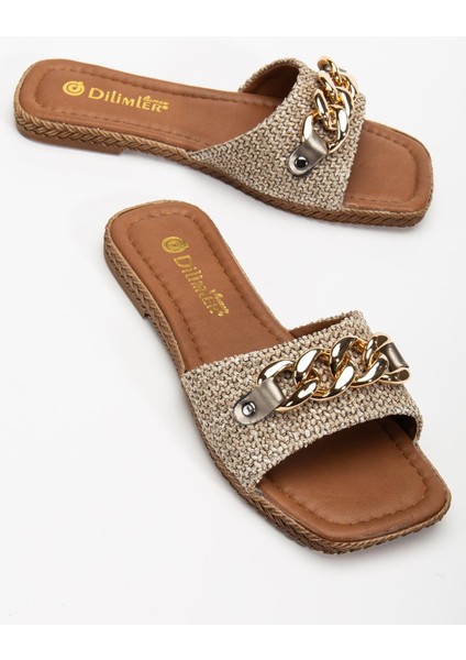 Kadın Düz Topuklu Terlik Vizon Kalın Tek Bant Zincir Aksesuarlı Hasır fiyatları