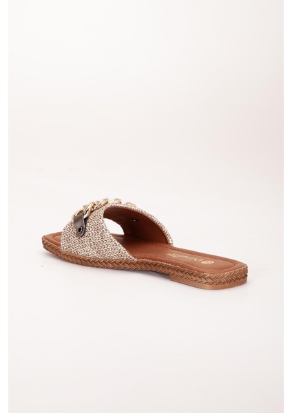 Kadın Düz Topuklu Terlik Vizon Kalın Tek Bant Zincir Aksesuarlı Hasır indirimleri