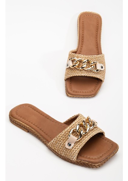 Kadın Düz Topuklu Terlik Bej Kalın Tek Bant Zincir Aksesuarlı Hasır fiyatları