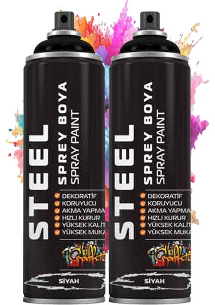 Siyah Sprey Boya 200 ml 2 Adet Hızlı Kuruyan Profesyonel Ahşap Plastik Demir Metal Cam Porselen Duvar Renkli