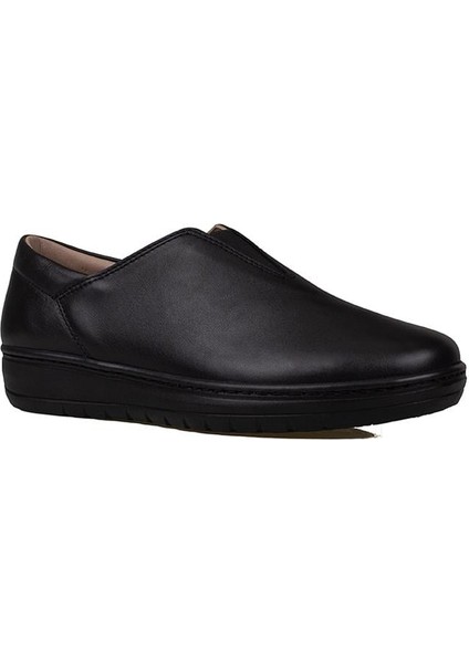 Siyah Hakiki Deri Kadın Lastikli Comfort Ayakkabı