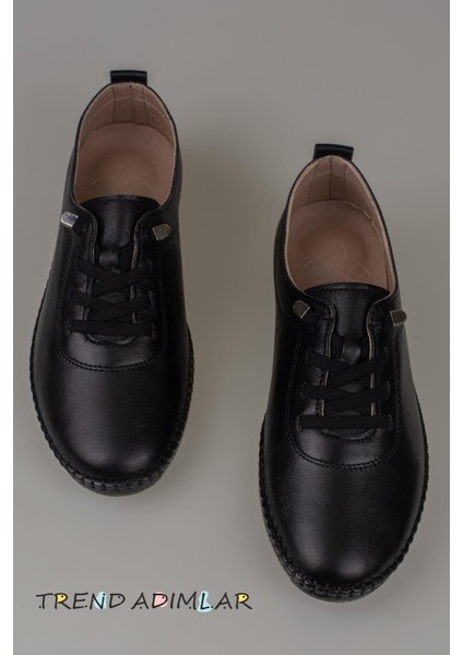 Siyah Lastik Bağcıklı Hakiki Deri Kadın Comfort Ayakkabı fırsatları