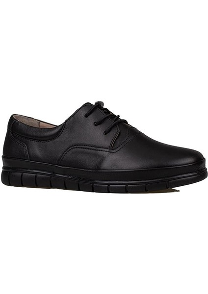 Siyah Hakiki Deri Lastikli Kadın Comfort Ayakkabı
