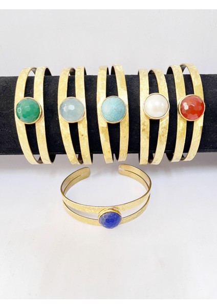 El Yapımı Saf Pirinç Doğal Taşlı Manşet Bileklik Otantik Geniş Bohem Ayarlanabilir Cuff Bilezik