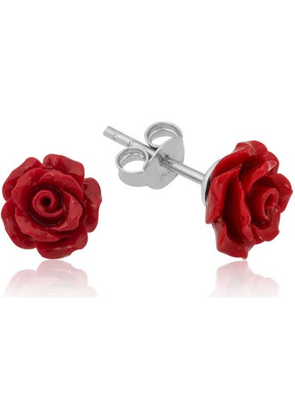 ​925 Ayar Gümüş Kırmızı Gül Küpe (T4721) (491491)