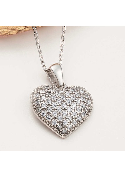 925 Ayar Gümüş Bombeli Kalp Kadın Kolye (T7960) (491491)
