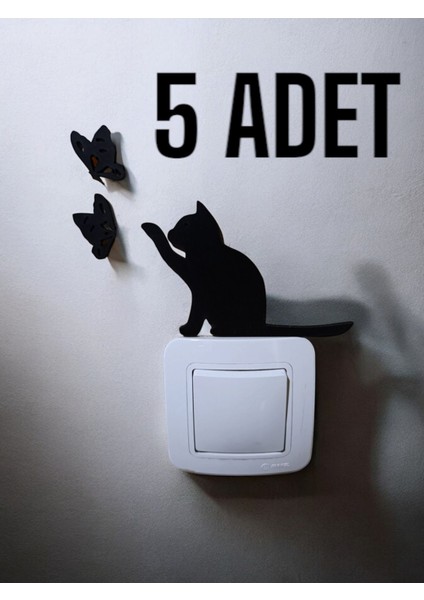 Kedili Siyah Duvar Priz Anahtar Süsü, Şık ve Dekoratif Tasarım