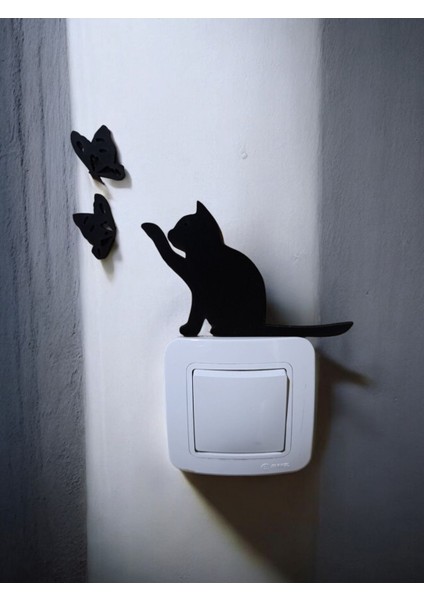 Kedili Siyah Duvar Priz Anahtar Süsü, Şık ve Dekoratif Tasarım modelleri