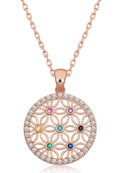 925 Ayar Gümüş Renkli Taşlı Yaşam Çiçeği Kadın Gümüş Kolye (T6634) (491491)