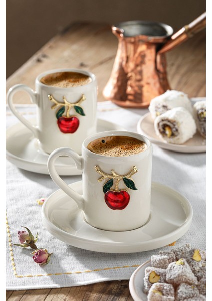 Kırmızı Kiraz Figürlü 2'li Porselen Kahve Fincan Takımı, 100ML, Şık ve Zarif Tasarım fiyatları