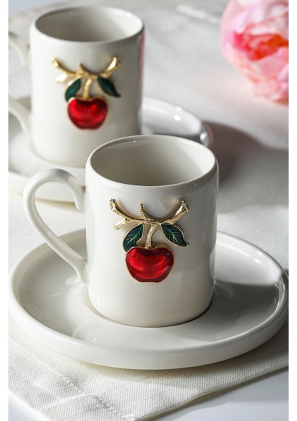 Kırmızı Kiraz Figürlü 2'li Porselen Kahve Fincan Takımı, 100ML, Şık ve Zarif Tasarım fırsatları