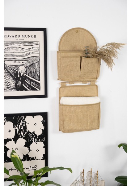 Bej 2 Katlı 4 Cepli Jüt Duvar Dolabı, Banyo ve Ofis Için Kullanışlı Organizer