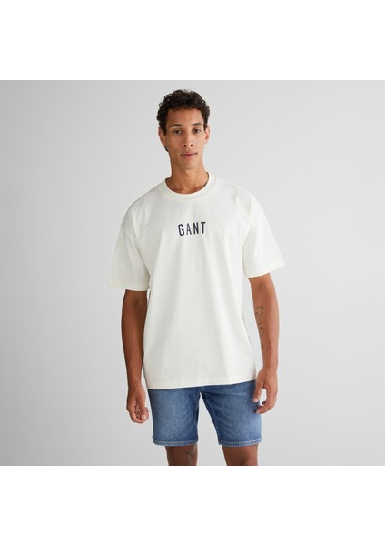 Erkek Krem Relaxed Fit Bisiklet Yaka Logolu T-Shirt