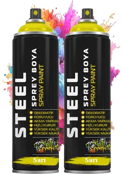 Sarı Sprey Boya 200 ml 2 Adet Hızlı Kuruyan Profesyonel Ahşap Plastik Demir Metal Cam Porselen Duvar Renkli