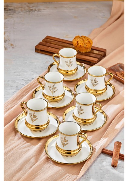 Şık 6'lı 220 ml Beyaz Porselen Çay Fincanı Seti, Altın Yaldız Detaylı, Hediye Seçeneği