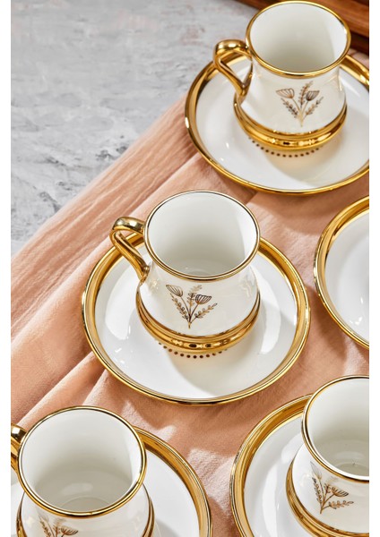 Şık 6'lı 220 ml Beyaz Porselen Çay Fincanı Seti, Altın Yaldız Detaylı, Hediye Seçeneği
