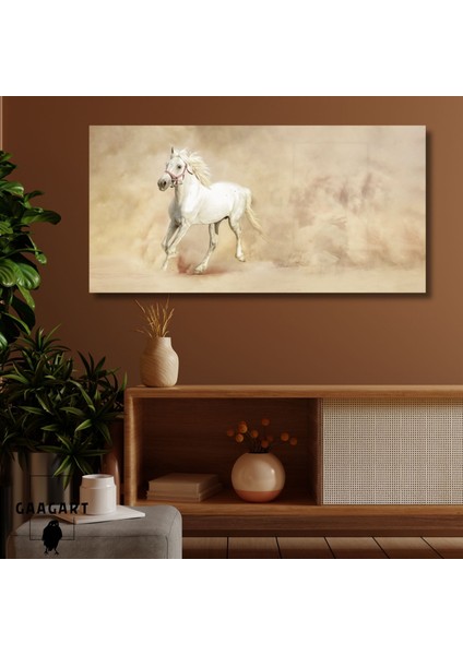 Panoramik Kanvas Duvar Tablosu Tozlu Yollardan Koşan Beyaz At