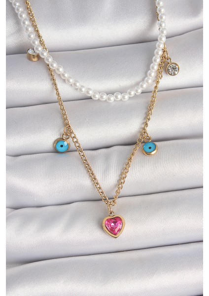 316L Çelik Gold Renk 2 Li Inci Zincir Model Pembe Taşlı Kalp Figür Nazar Boncuk Detay Kadın Kolye
