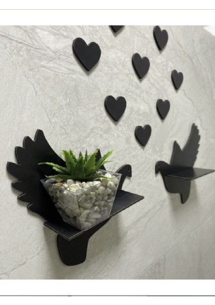 Ahşap Güvercin ve Kalp Duvar Süsü Seti, Siyah, 12 Parça Dekorasyon