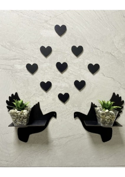 Ahşap Güvercin ve Kalp Duvar Süsü Seti, Siyah, 12 Parça Dekorasyon fiyatları