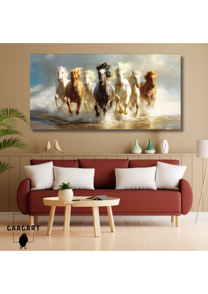 Panoramik Kanvas Duvar Tablosu Suyun Içinden Koşan Atlar