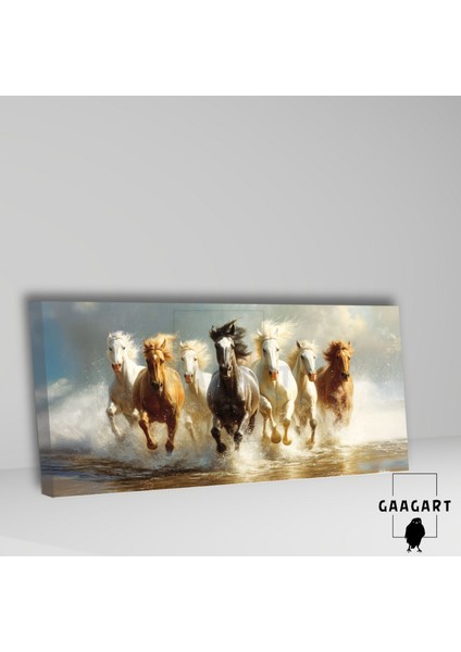 Panoramik Kanvas Duvar Tablosu Suyun Içinden Koşan Atlar fiyatları