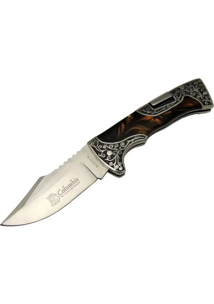Columbia B3157B Işlemeli Kamp Çakı 22 cm - Kahverengi Sedef Saplı, Manuel Açılma