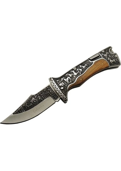 Columbia A3189C Kahve Kamp Çakısı 23CM- Manuel, At Işlemeli Ahşap Sap, Özel Kutulu, Kılıflı