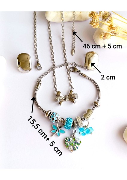 Küpe, Bileklik Pandorsb ve Zincirli Kolye Xupıngg Gümüş Kaplama 3'lü Set 316 L Çelik