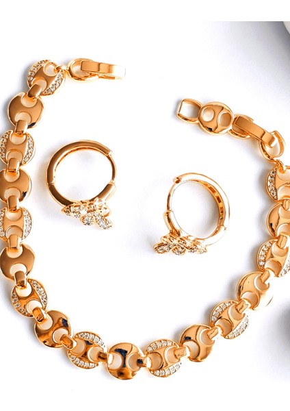 Küpe ve Bileklik Xupıngg Zirkon Taş Altın Kaplama 2'li Set 316 L Çelik