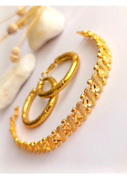 Küpe Halka ve Bileklik Altın Kaplama 2'li Set 316 L Çelik + Hediye Paket