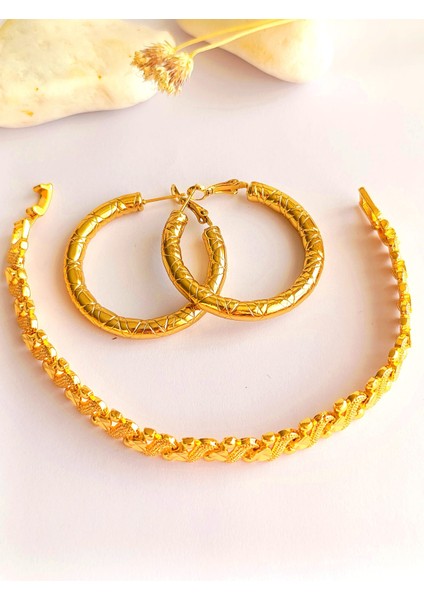 Küpe Halka ve Bileklik Altın Kaplama 2'li Set 316 L Çelik + Hediye Paket fiyatları