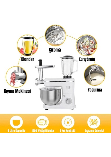 3in1 6lt Hamur Yoğurma Makinesi Cam Smoothie Hazne Blender Kıyma Makinesi Karıştırıcı Mikser Makinesi