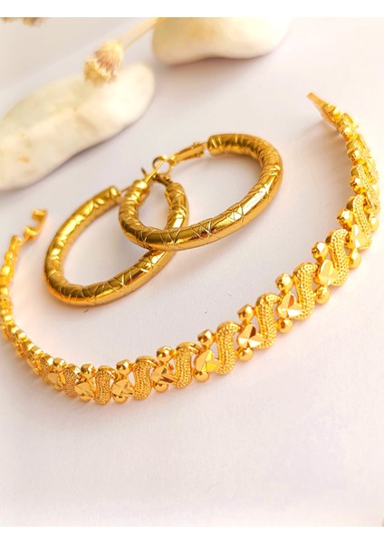 Küpe Halka ve Bileklik Altın Kaplama 2'li Set 316 L Çelik + Hediye Paket modelleri