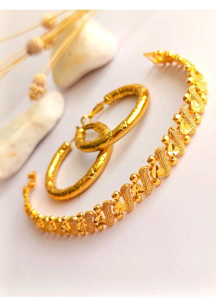 Küpe Halka ve Bileklik Altın Kaplama 2'li Set 316 L Çelik + Hediye Paket